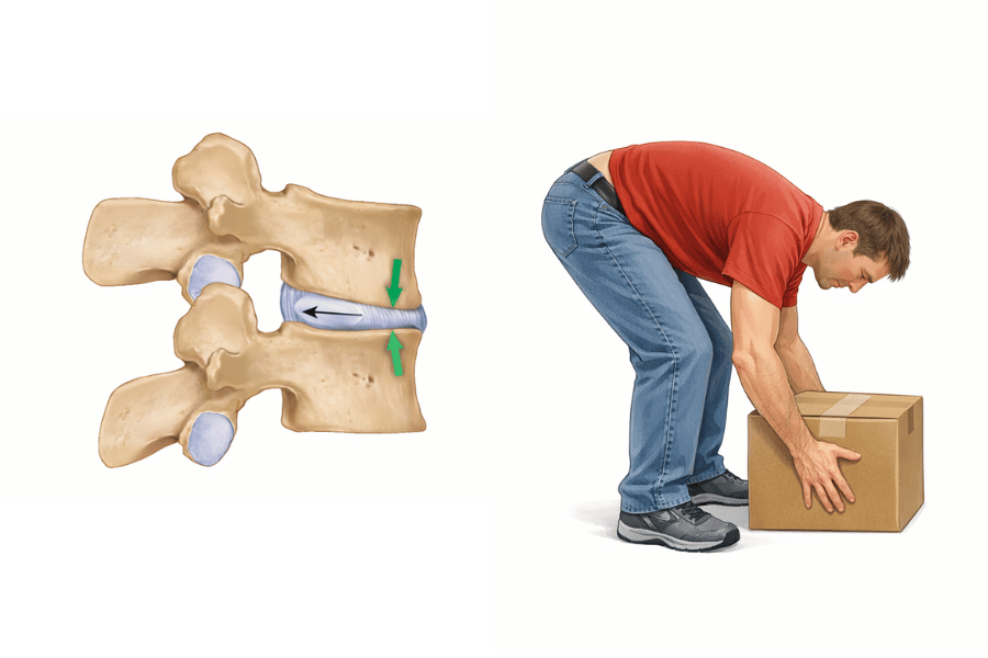 Moški dviguje breme z upognjeno hrbtenico, prikaz mehanizma nastanka posteriorne herniacije, pri kateri je disk zaradi obremenitve potisnjen posteriorno. 